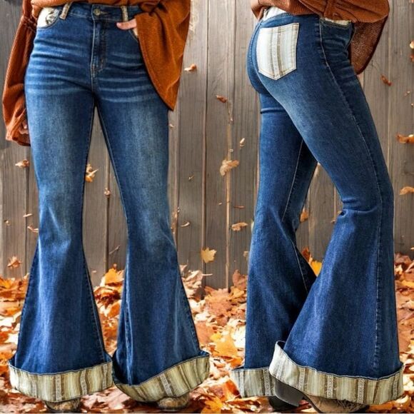 Dark Wash Flare Jeans | Aztec Print Cuffed Hem | High Rise Stretch | L&B | NWT - Picture 3 of 12